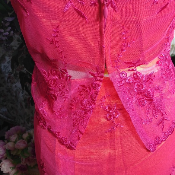 PINK/ORANGE 2 PC TOP AND SKIRT EMBROIDERED LACE SZ M/L - Picture 4 of 6
